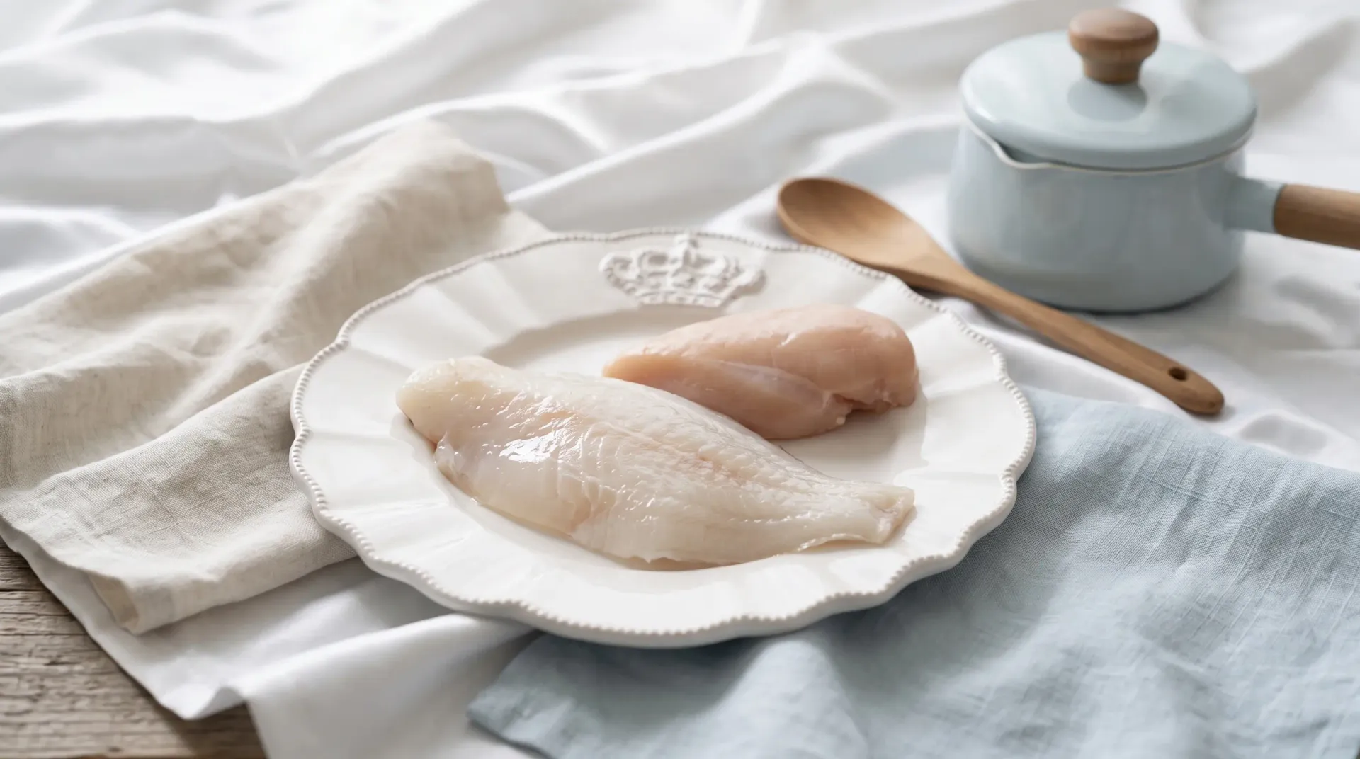 カフェ ライトブルー が缶詰に使う素材。白身魚の切り身と鶏むね肉を白い皿に並べたところ