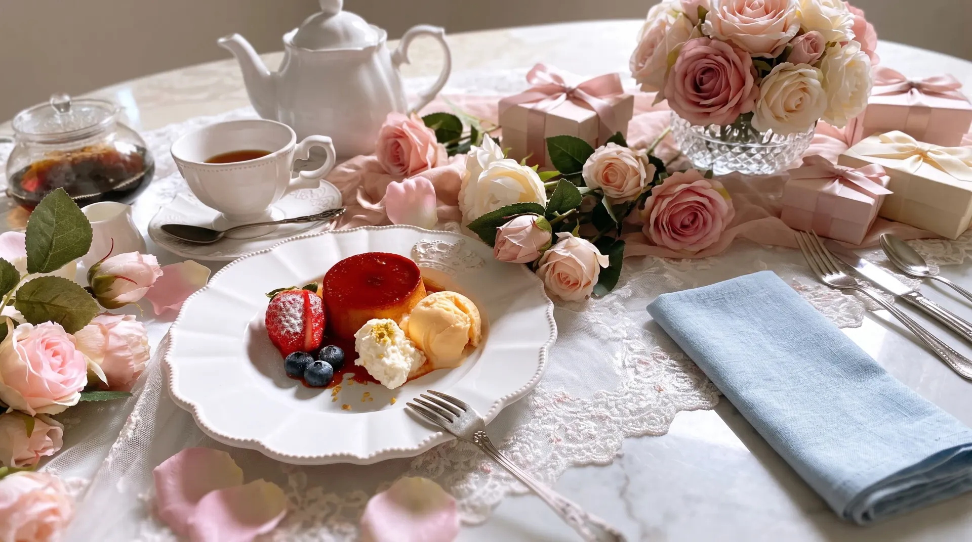 カフェ ライトブルー のデザートプレート。プリンとアイス、苺とベリーを添えて紅茶とバラを並べたテーブル